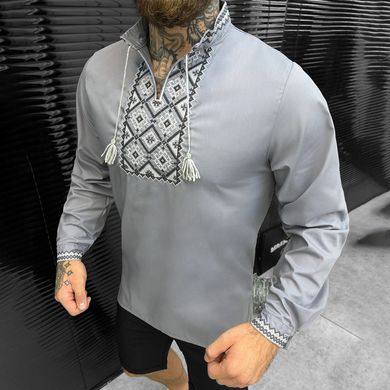 Вышитая мужская рубашка на длинный рукав / Стильная вышиванка в сером цвете размер S 19268bls-S фото
