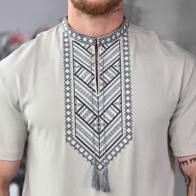 Мужская Вышитая Рубашка Hutsul на короткий рукав / Стильная Вышиванка серая размер M buy87037bls-M фото