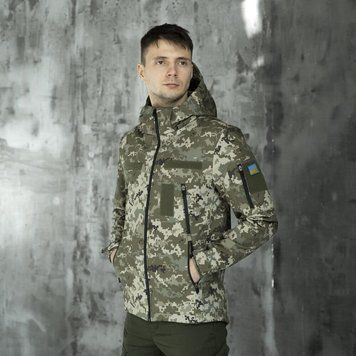 Щільна чоловіча Куртка з капюшоном Pobedov Motive SoftShell + шеврон "Прапор України" у комплекті піксель розмір S OWku1 551pxbls-S фото