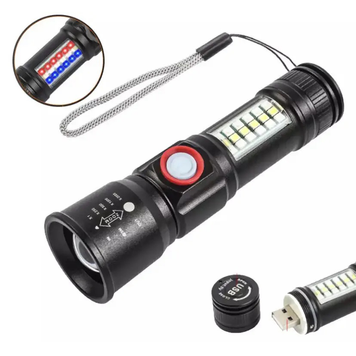 Акумуляторний Ліхтарик компактний SY-1903C-P50+SMD+RGB Alarm на 5 режимів роботи з функцією зуму та ремінцем 113х28х24мм ws92251blsнаяв фото