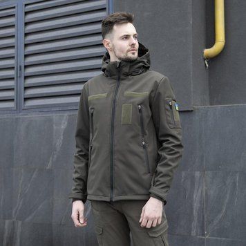 Щільна чоловіча Куртка з капюшоном Pobedov Motive SoftShell + шеврон "Прапор України" у комплекті хакі розмір S OWku1 551khbls-S фото