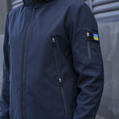 Щільна чоловіча Куртка з капюшоном Pobedov Motive SoftShell + шеврон "Прапор України" у комплекті синя розмір M  OWku1 366nvbls-M фото