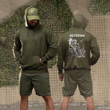Комплект 4в1 з принтом Veteran Худі та Футболка + Шорти і Бейсболка олива розмір M buy96984bls-M фото