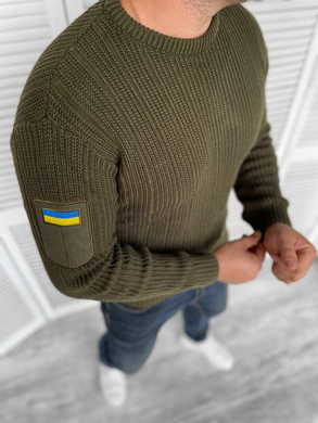 Вязаный мужской свитер в цвете хаки / Теплая кофта с вышивкой флагом на рукаве размер M 11937bls-M фото