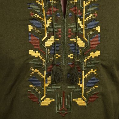 Вышитая мужская рубашка с длинным рукавом / Льняная вышиванка олива размер M buy15258bls-M фото