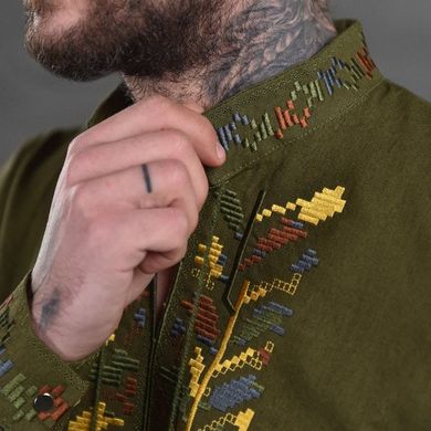 Вышитая мужская рубашка с длинным рукавом / Льняная вышиванка олива размер M buy15258bls-M фото