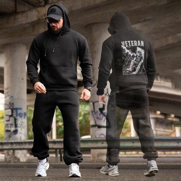 Спортивний костюм на флісі Худі + Штани з принтом Veteran чорний розмір M buy97826-M фото