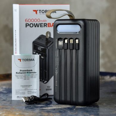 Повербанк 60 000 mAh з LED дисплеєм / Power Bank Torima TRM-007 із вбудованими кабелями / Портативний зарядний пристрій чорний buy56855bls фото