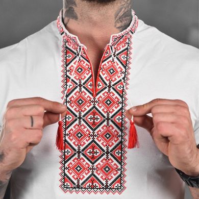 Мужская вышиванка кулир на короткий рукав белая с красным размер S buy14076bls-S фото
