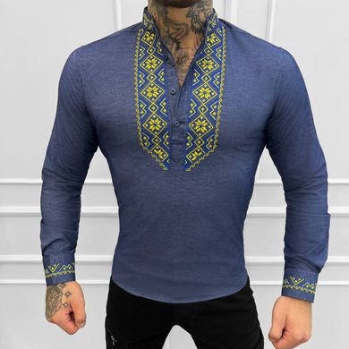 Вышитая мужская Рубашка на длинный рукав / Стильная льняная Вышиванка в голубом цвете размер S 51077bls-S фото
