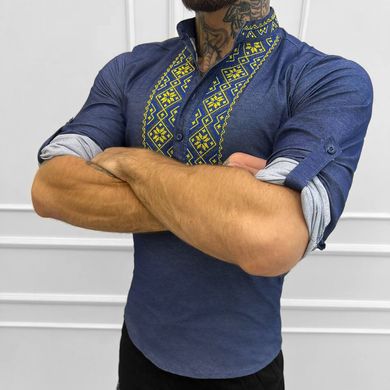Вышитая мужская Рубашка на длинный рукав / Стильная льняная Вышиванка в голубом цвете размер S 51077bls-S фото