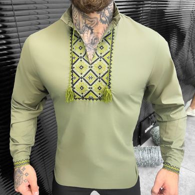 Вышитая мужская рубашка на длинный рукав / Стильная вышиванка в зеленом цвете размер S 19266bls-S фото